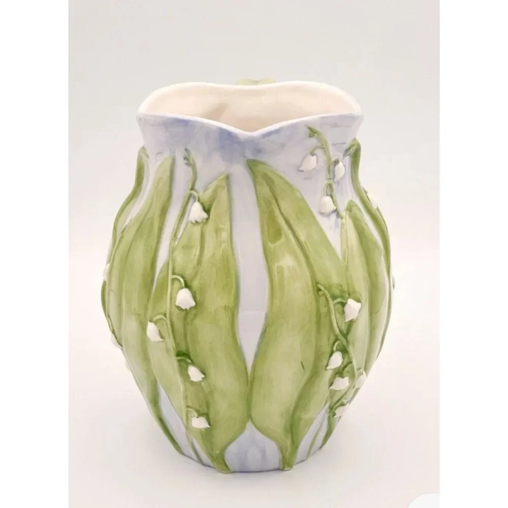 Inspirado Lily of the Valley Ceramic Pitcher Embossed Floral Hand Painted - Picture 4 of 13